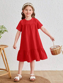  Solid Color Loose Fit Dress With Ruffle Hem, Suitable For Young Girls In Spring And Summer