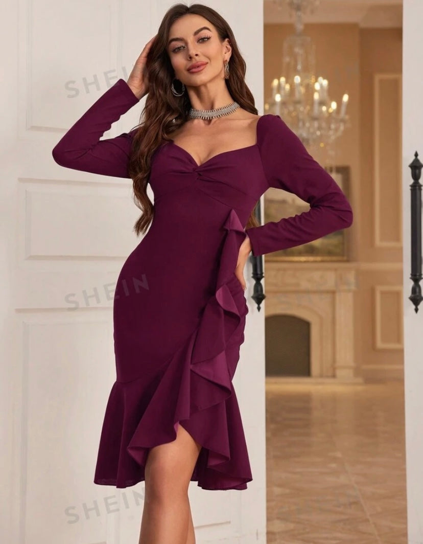 Bridesmaid Dress With Ruffle Edges And Twist Knot Detailing On The Bod