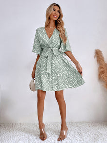  Allover Print Butterfly Sleeve Belted Dress