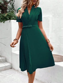  Solid Pleated Detail Belted Dress