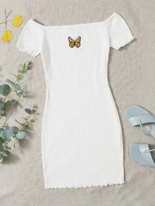  EMBROIDERED BUTTERFLY GRAPHIC RIBBED DRESS