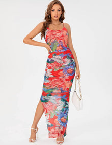  TALL FLORAL PRINT RUCHED SPLIT THIGH CAMI DRESS