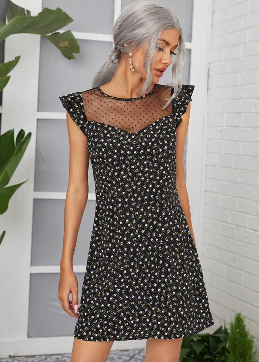 DOBBY MESH YOKE RUFFLE ARMHOLE DRESS  Dapparel Store