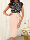 Clasi Women's Summer/Spring Lace Splice Black & Apricot Color Fashionable Elegant Party Commute Bodycon Dress With Tie Belt For Dinner Outfit/Dating Elegant Evening Dress