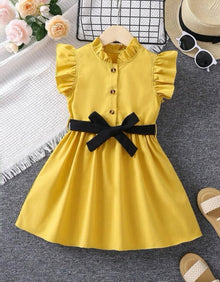  GIRLS Kids EVRYDAY Young Girl Yellow Solid Color Sweet & Comfortable Holiday Dress With Stand Collar And Ruffled Sleeves For Summer