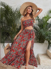 Floerns Women's Printed 2 Piece Crop Tube Top & Split Long Skirt Set