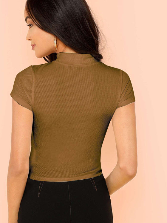 Felegant Mock neck Rib Knit Crop Tee