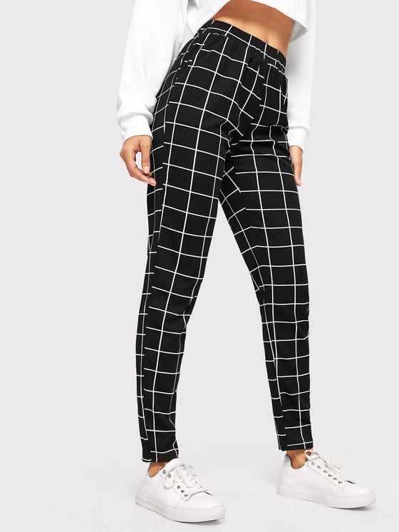 Elastic Waist Slant Pocket Grid Pants