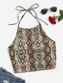  Snakeskin Print Cropped Halter Top