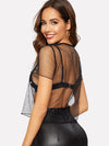 Faux Pearl Sheer Mesh Diamond Grid Crop Top