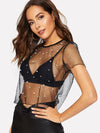 Faux Pearl Sheer Mesh Diamond Grid Crop Top