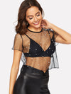 Faux Pearl Sheer Mesh Diamond Grid Crop Top