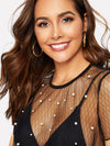 Faux Pearl Sheer Mesh Diamond Grid Crop Top