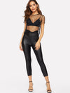 Faux Pearl Sheer Mesh Diamond Grid Crop Top