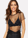 Faux Pearl Sheer Mesh Diamond Grid Crop Top