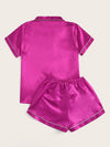 Neon Hot Pink Contrast Binding Satin Pajama Set