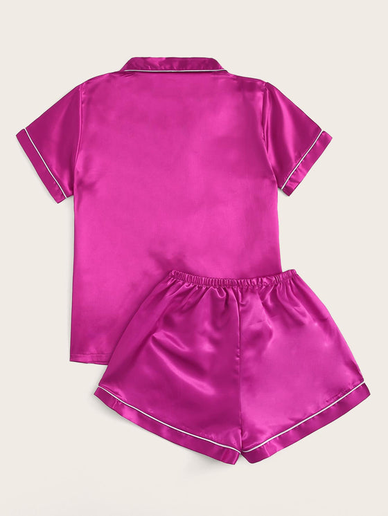 Neon Hot Pink Contrast Binding Satin Pajama Set