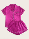 Neon Hot Pink Contrast Binding Satin Pajama Set