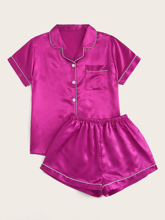 Neon Hot Pink Contrast Binding Satin Pajama Set