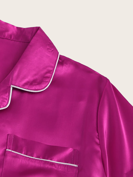 Neon Hot Pink Contrast Binding Satin Pajama Set