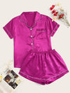 Neon Hot Pink Contrast Binding Satin Pajama Set