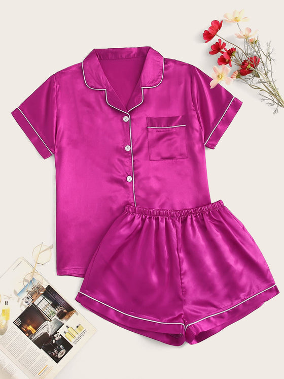 Neon Hot Pink Contrast Binding Satin Pajama Set