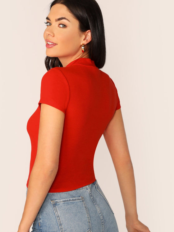 Felegant Mock neck Rib Knit Crop Tee