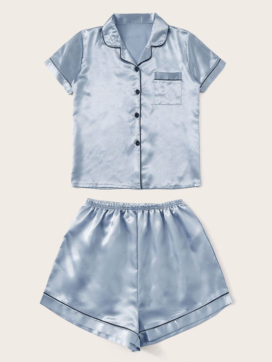 Neon Hot Pink Contrast Binding Satin Pajama Set