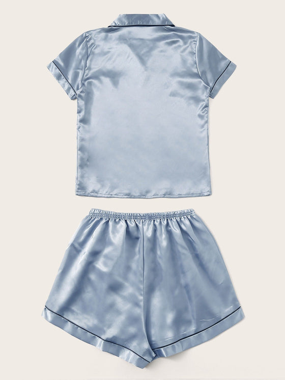 Neon Hot Pink Contrast Binding Satin Pajama Set