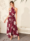 Floral Print Wrap Hem Belted Halter Dress