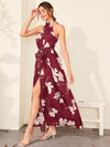 Floral Print Wrap Hem Belted Halter Dress