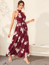 Floral Print Wrap Hem Belted Halter Dress