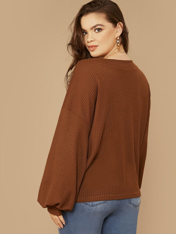 Plus Drop Shoulder Lantern Sleeve Waffle Knit Top