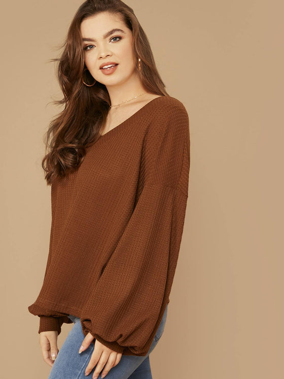 Plus Drop Shoulder Lantern Sleeve Waffle Knit Top