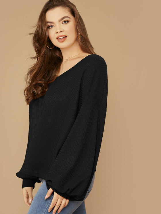Plus Drop Shoulder Lantern Sleeve Waffle Knit Top