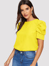 EMERY ROSE Pleated Puff Sleeve Keyhole Back Top