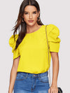 EMERY ROSE Pleated Puff Sleeve Keyhole Back Top