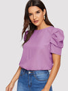 EMERY ROSE Pleated Puff Sleeve Keyhole Back Top