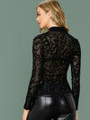 Mock neck Sheer Flocked Mesh Top Without Bra