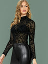 Mock neck Sheer Flocked Mesh Top Without Bra