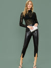 Mock neck Sheer Flocked Mesh Top Without Bra