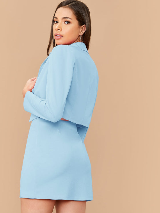Peak Collar Double Breasted Blazer Slit Hem Skirt Set