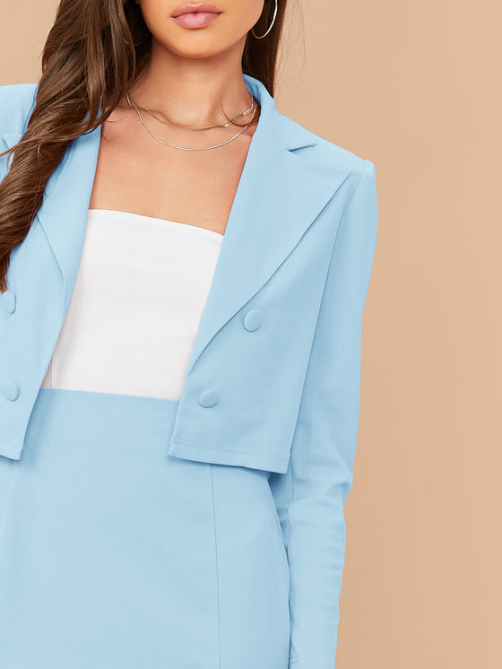 Peak Collar Double Breasted Blazer Slit Hem Skirt Set