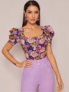Square Neck Puff Sleeve Floral Print Top
