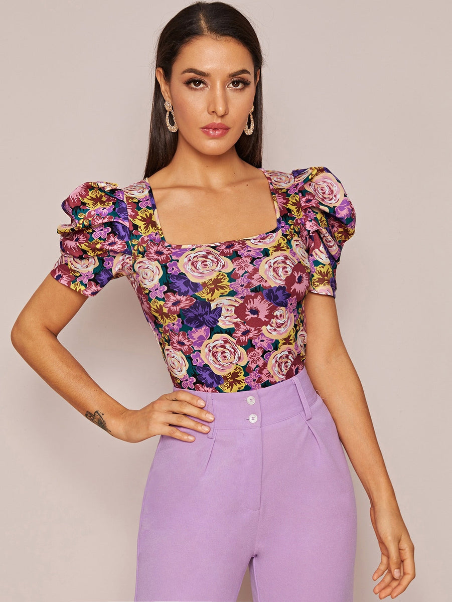 Square Neck Puff Sleeve Floral Print Top – Dapparel Store