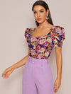 Square Neck Puff Sleeve Floral Print Top
