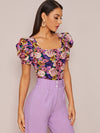 Square Neck Puff Sleeve Floral Print Top