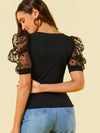 Surplice Neck Dot Mesh Puff Sleeve Top