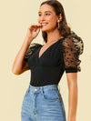 Surplice Neck Dot Mesh Puff Sleeve Top