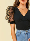 Surplice Neck Dot Mesh Puff Sleeve Top
